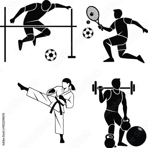 Vector illustration of people participating in sports like high jump tennis karate and weightlifting