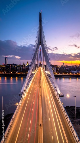 Stunning architectural marvel - A breathtaking bridge illuminated at dusk with vibrant lights.