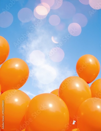 a bunch of bright orange balloons clustered together, floating upward against a soft, pale sky