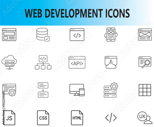 web development icon set, minimal outline vector programming symbols