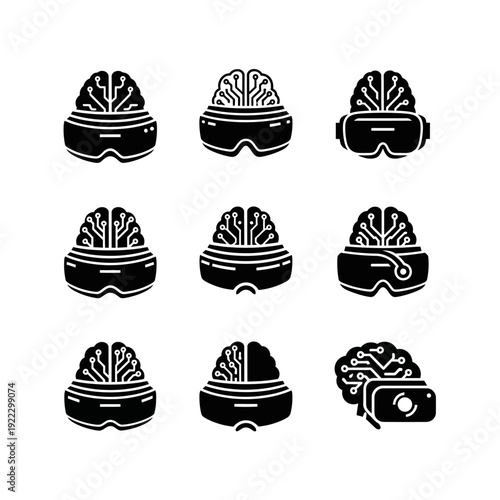 Virtual reality headset and brain circuitry icons