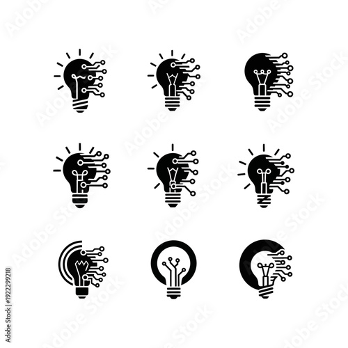 light bulb icons with integrated circuit board elements on a white background, symbolizing technological innovation and creative ideas.