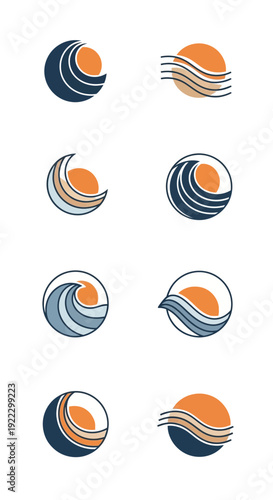 Collection of abstract wave and sun logo designs featuring different styles, colors, and combinations, suitable for various branding purposes