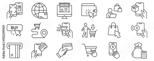 Online payment set of web icons in line style. Payment linear icon collection. Containing cashless wallet, e-wallet, money transfer, banking, credit card, cash, transaction more. Editable stroke