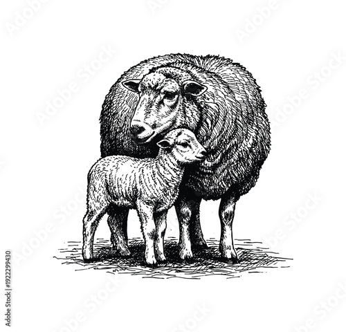 Vintage Illustration of a Mother Sheep and Lamb. Hand drawn engraving style vintage vector.