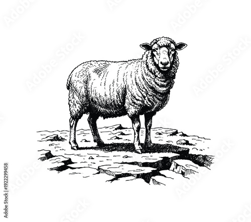 Vintage illustration of a sheep standing on rocky ground. Hand drawn engraving style vintage vector.