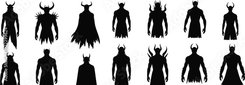 Dark demon silhouettes vector collection, horned monster warrior figures set,