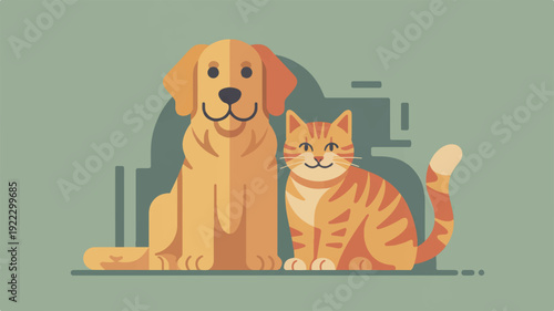 Friendly dog and cat sitting together on green background illustration of pets animal companionship cute colorful