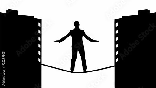 Man balancing on tightrope between high rise buildings