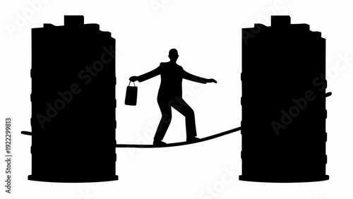 Businessman balancing on tightrope between skyscrapers with briefcase