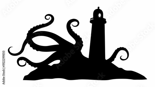 Octopus wrapping tentacles around lighthouse silhouette