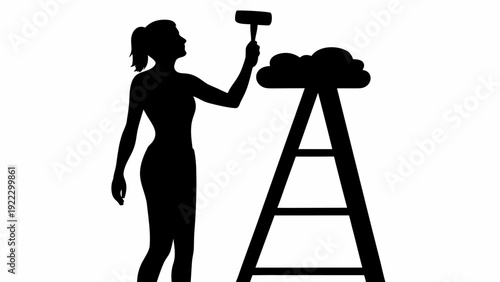 Woman painting cloud with roller on ladder