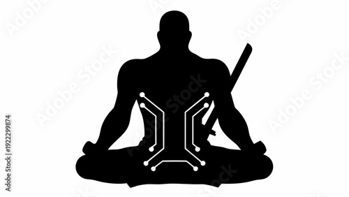 Meditating man with circuit board design in modern tech-inspired yoga pose
