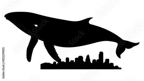 Majestic whale silhouette jumps over city skyline in stunning contrast