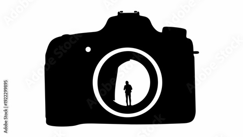 Silhouette of person in camera lens, creative photography concept