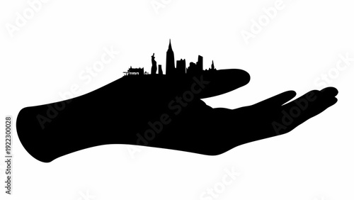Hand holding city skyline silhouette