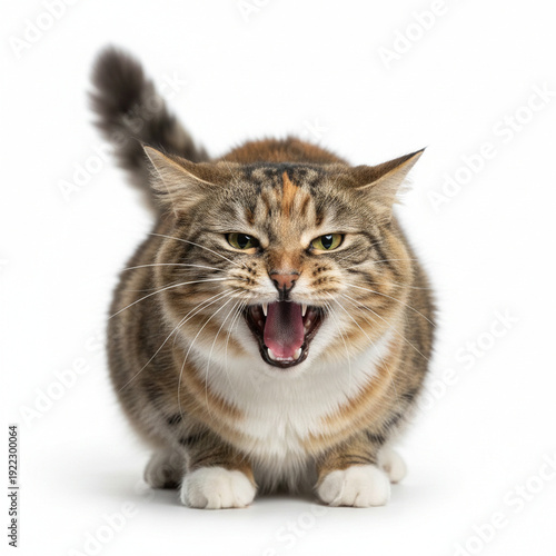 A fierce domestic cat hissing aggressively, mouth wide open with bared teeth, captured in a studio setting against a white background, embodying potent feline emotion