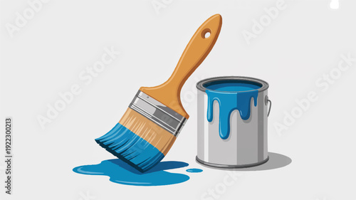 Paintbrush and paint can with vibrant blue paint dripping on white surface messy creative workspace