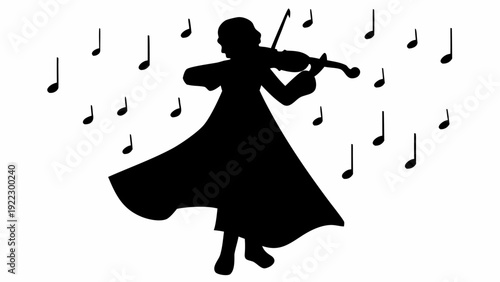 Silhouette of elegant woman playing violin with musical notes