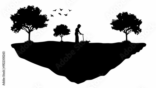Silhouette of person gardening on cliff with trees and birds flying