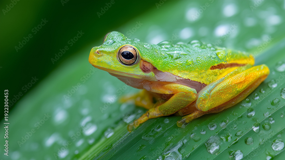 Obraz premium Ai Green frog on leaf with water droplets in a natural setting