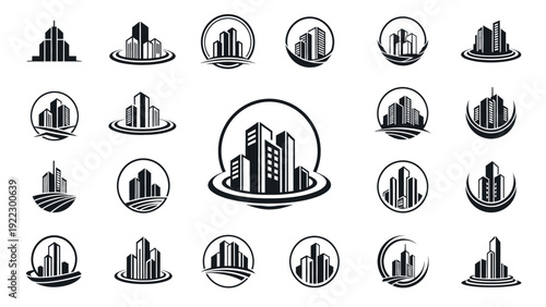 Collection of Modern City Building Logos and Real Estate Icons.