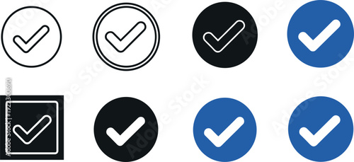 Set of professional checkmark and tick icons in circular and square frames with black and blue colors for approved and success concept flat vector illustration