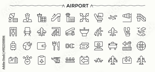 Airport icon set. Contains outline symbols like air, transport, travel, airplane, air bus, flight and more. Airplane icon set. Minimal icons collection. Art and illustration.