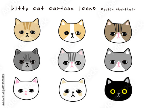 白い背景に隔離されたかわいい漫画の猫の顔のコレクション、愛らしい子猫の手描きイラスト、エキゾチックショートヘアの子猫ちゃん、子供のアートや装飾のための猫のらくがきキャラクターデザイン、編集可能な線で描いたベクターイラストセット