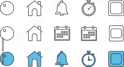 Set of universal UI and app icons including home bell calendar stopwatch and circle symbols in outline and flat styles vector illustration