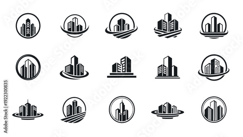 Collection of Modern City Building Logos and Real Estate Icons.