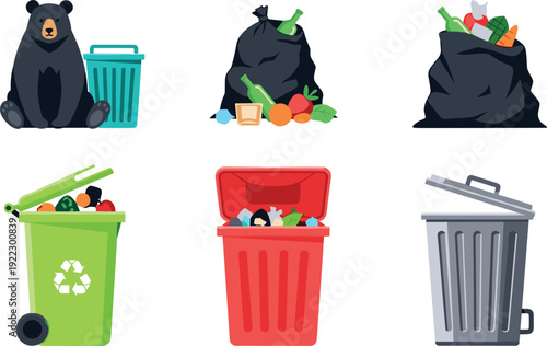 Set of waste management elements including colorful recycling bins trash bags with litter and a bear sitting by a garbage can flat vector illustration