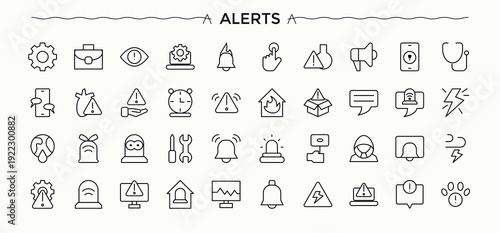 Alerts modern icon set. Web icons pack. Editable vector stroke. Warn icon set. Pack of warning, attention, information, exclamation, safety, danger and more.