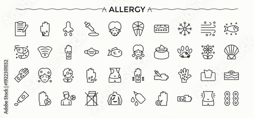 Allergy line icon set. Modern linear icons. Vector illustration. Disease icon set. Contains outline symbols like disease, treatment, pollen and more.