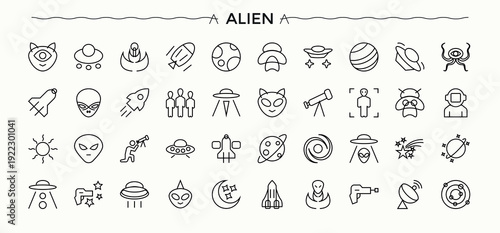Alien icon set. Outer Being related icon set. Modern linear icons. Contain linear symbols space, planet, rocket, astronaut and more. Editable vector illustration.