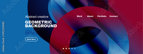 Abstract website mockup. Blue, red gradients create dynamic geometric background. Navigation includes work, about, portfolio, contact options.