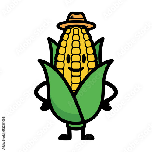 A cartoon corn character wearing a hat stands confidently with leaves and hands, vector illustration in eps format, b12.eps reference