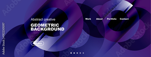 Abstract website header design. Purple hues dominate, featuring geometric shapes, text elements, navigation menu. Modern, creative presentation.