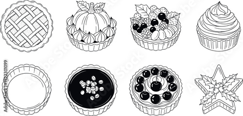 Black and white dessert illustration, festive tart sketch, holiday pie drawing, cupcake frosting art, cookie decoration, bakery pastry vector design