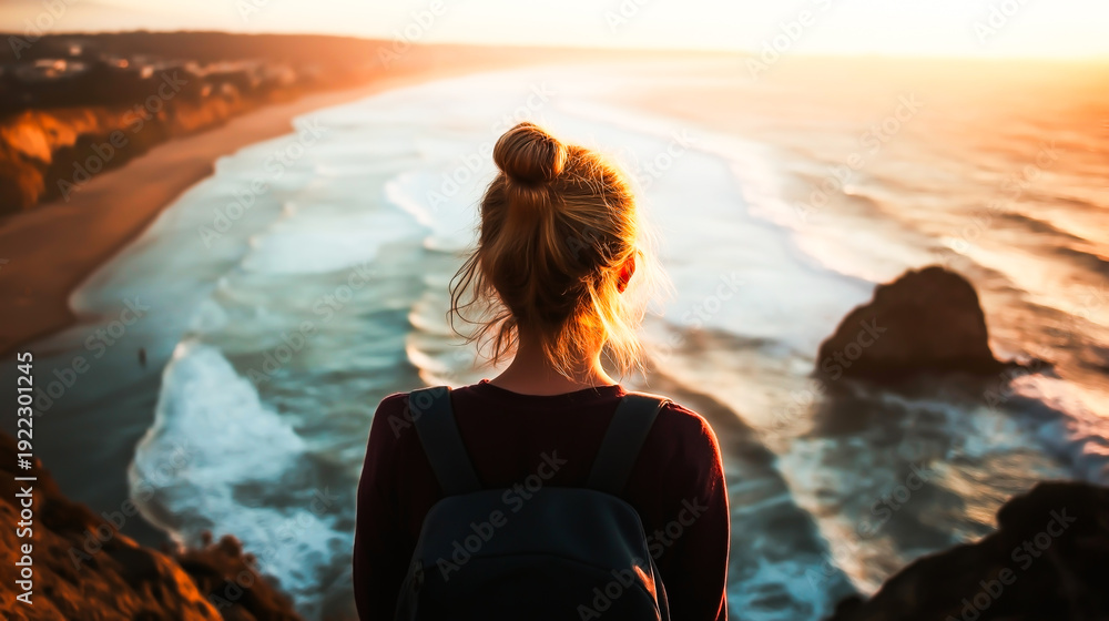Fototapeta premium Back view of traveller woman standing on cliff overlooking ocean coast