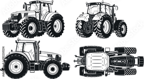 Black and white tractor illustration, multiple perspectives, front view, side view, top view, agricultural machinery drawing, detailed farm equipment vector artwork