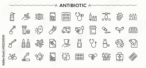 Antibiotic icon collection. Icons for UI design. Medical icon set. Containing drug, medicine, health, pills, disease and more.