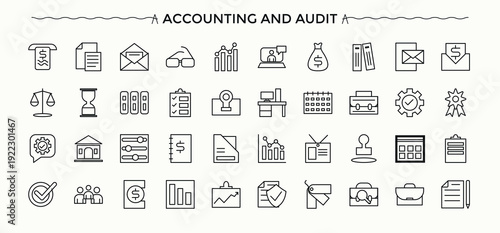 Accounting icon set. Audit icon set. Vector outline icons collection. Featuring management, money, count, credit, balance and more. Editable stroke.