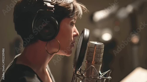 A woman speaks into a vintage Art Deco microphone in a warm lit broadcast studio filled with retro equipment ca