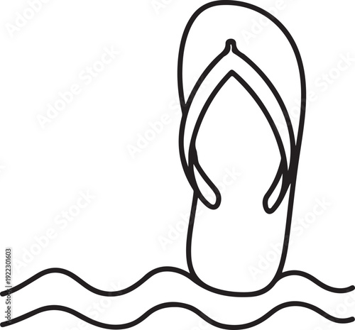 Black outline of a single flip flop shoe standing in wavy lines representing water sandal footwear