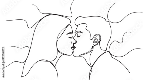Continuous line of a couple kissing with flowing abstract lines love romance intimacy