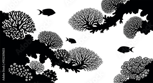 Coral reef silhouette illustration, underwater marine artwork, tropical fish vector, ocean biodiversity design, aquatic ecosystem drawing, black and white art