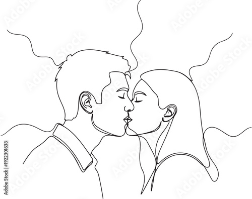 Couple kissing in continuous line style with abstract wavy lines love romance relationship