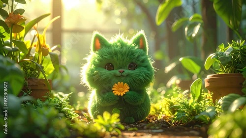 A fluffy, green cat holds a flower, surrounded by lush plants in sunlight