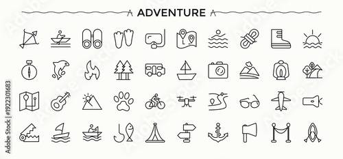 Adventure icon set. Exploration line icons with editable stroke. Minimalist linear icons. Hiking modern icon set. Editable vector stroke.